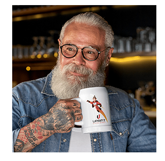 Beared man with branded mug