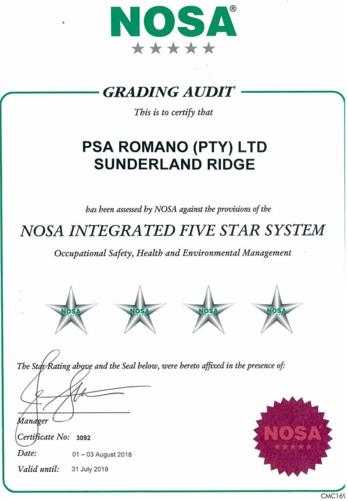 PSA Romano achieved NOSA 4-star grading on its first time audit.